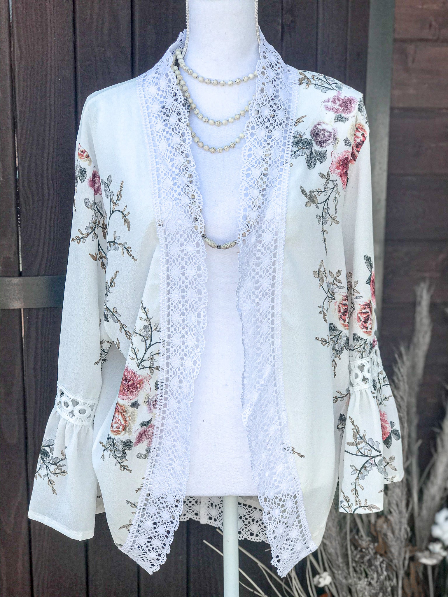 Floral Printed Lace Detail Kimono Cardigan